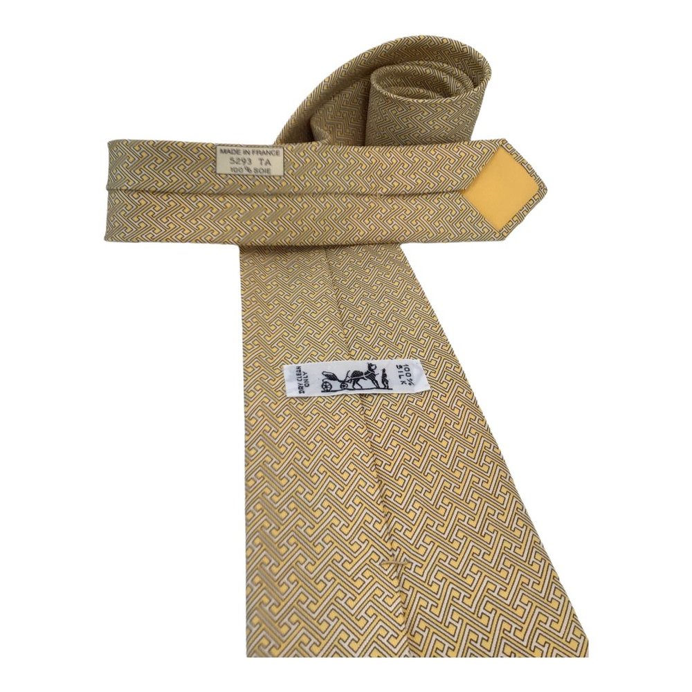 HERMES PARIS Yellow Geometric Print Tie Silk France 60"/ 3".3/4 EX COND - Picture 4 of 7